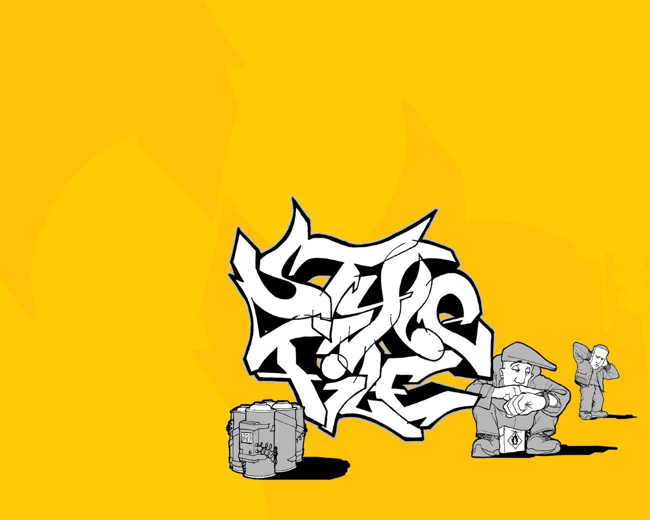 Graffiti art with cartoon characters and a cube HD Wallpaper