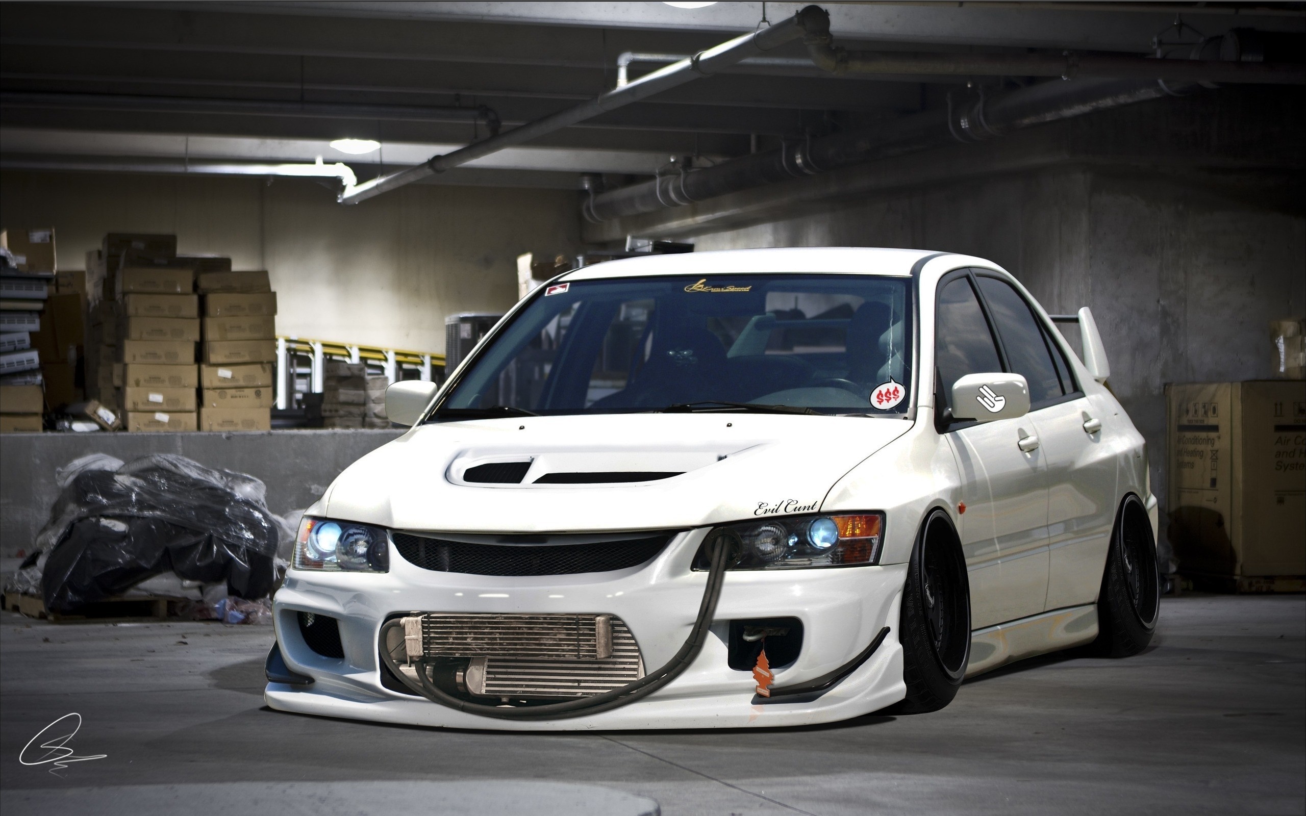 White Mitsubishi Lancer Evolution with custom modifications HD Wallpaper