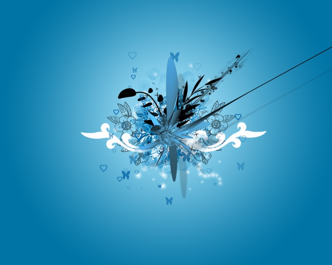 Abstract blue floral illustration with butterflies and hearts HD Wallpaper