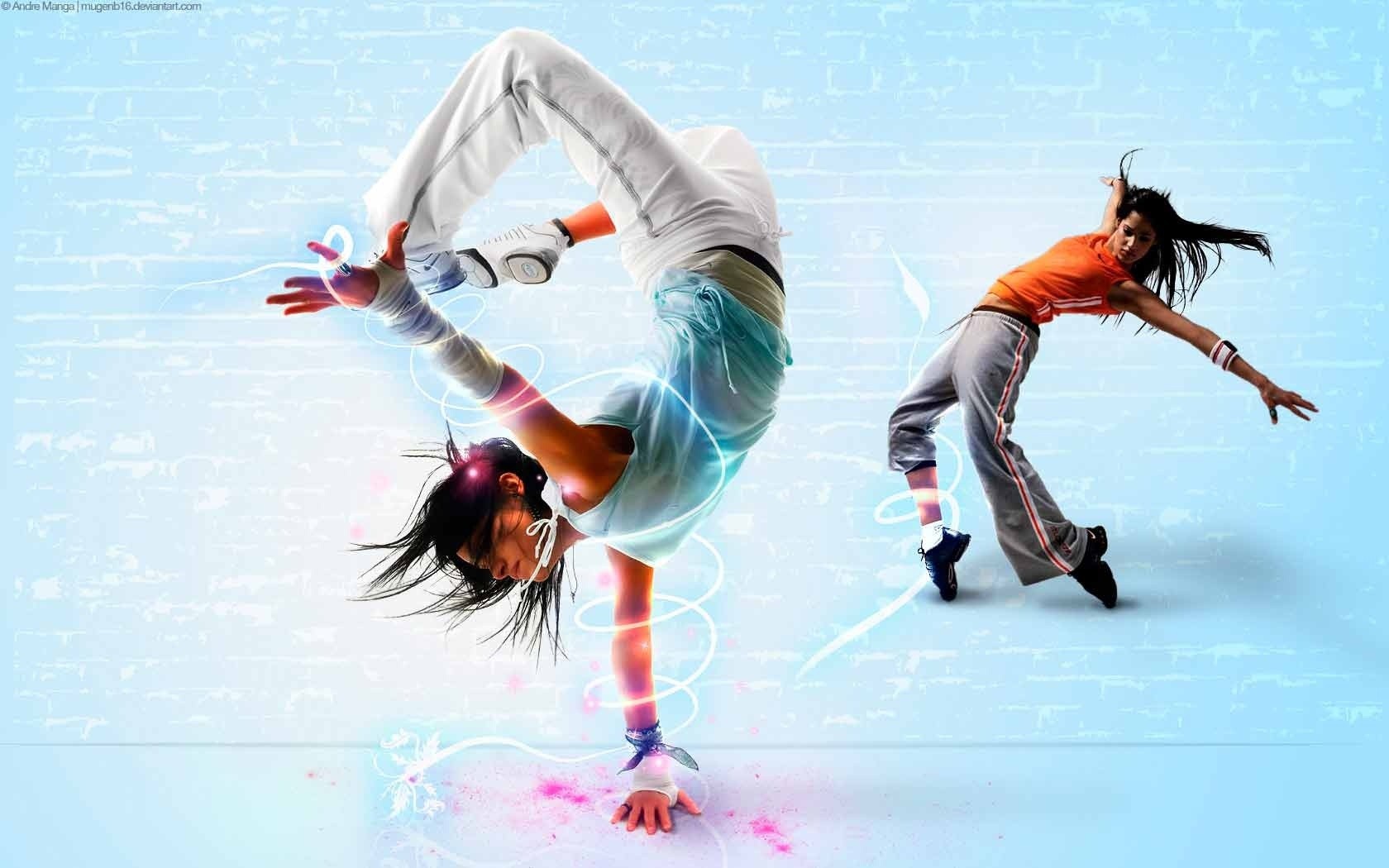 Two women breakdancing with glowing effects HD Wallpaper
