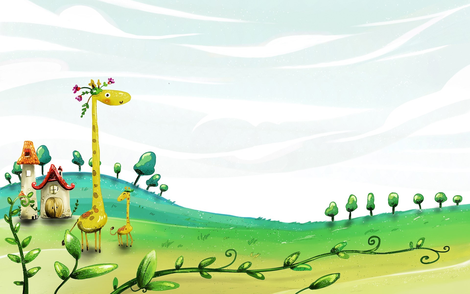 Illustration of giraffes and whimsical houses in a green landscape HD Wallpaper