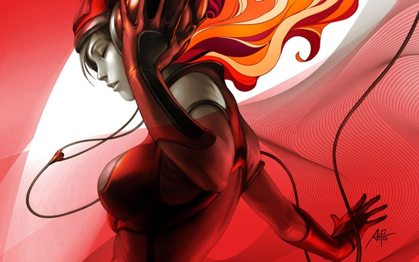 Illustration of a woman with red hair and headphones HD Wallpaper