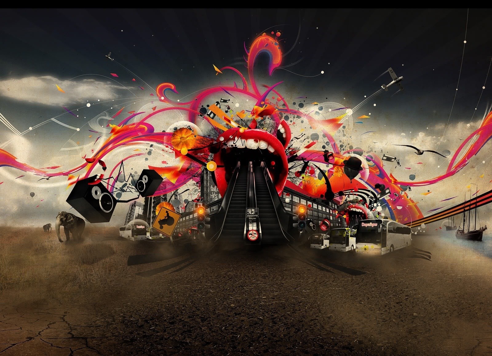 Surreal collage with escalators, mouths, and vehicles HD Wallpaper