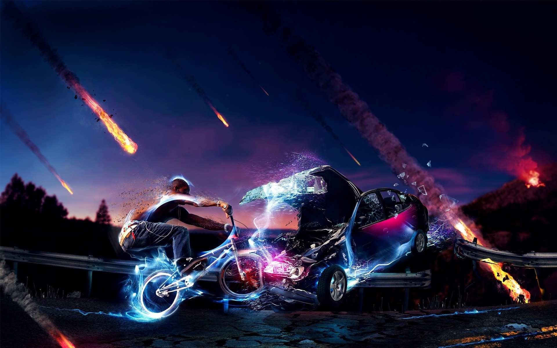 Man on bicycle crashes into car during meteor shower HD Wallpaper