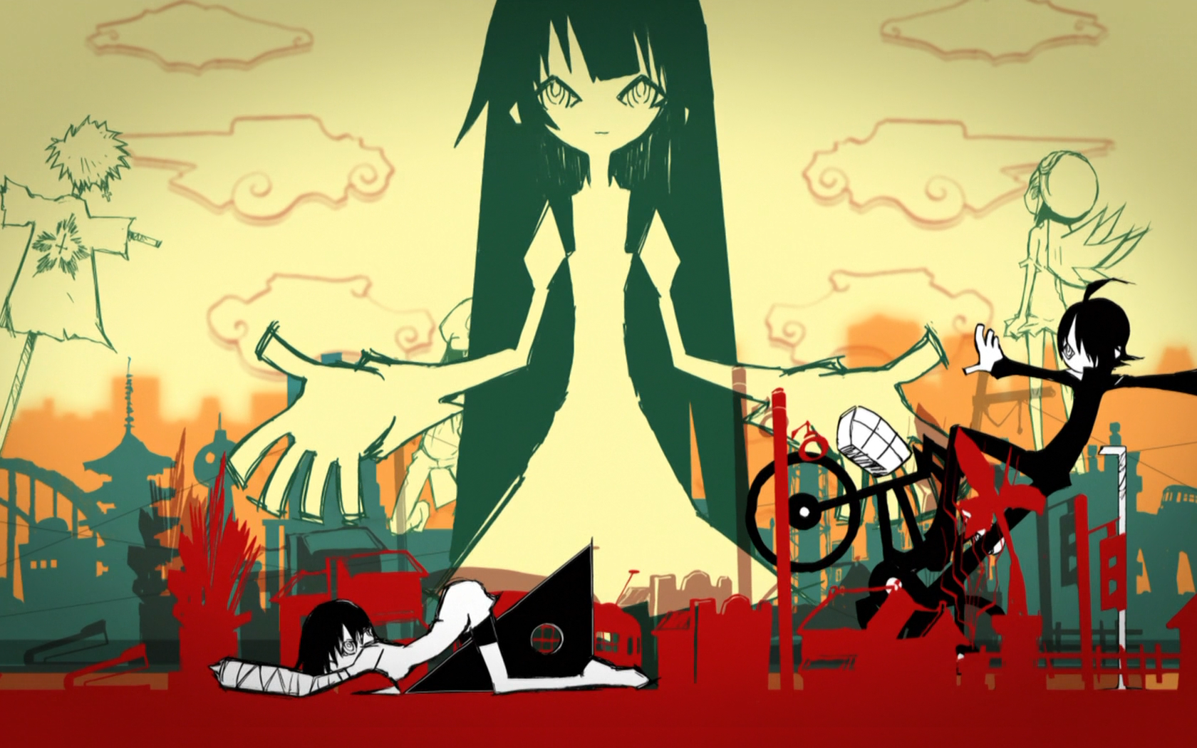 Anime illustration with a giant girl and city HD Wallpaper