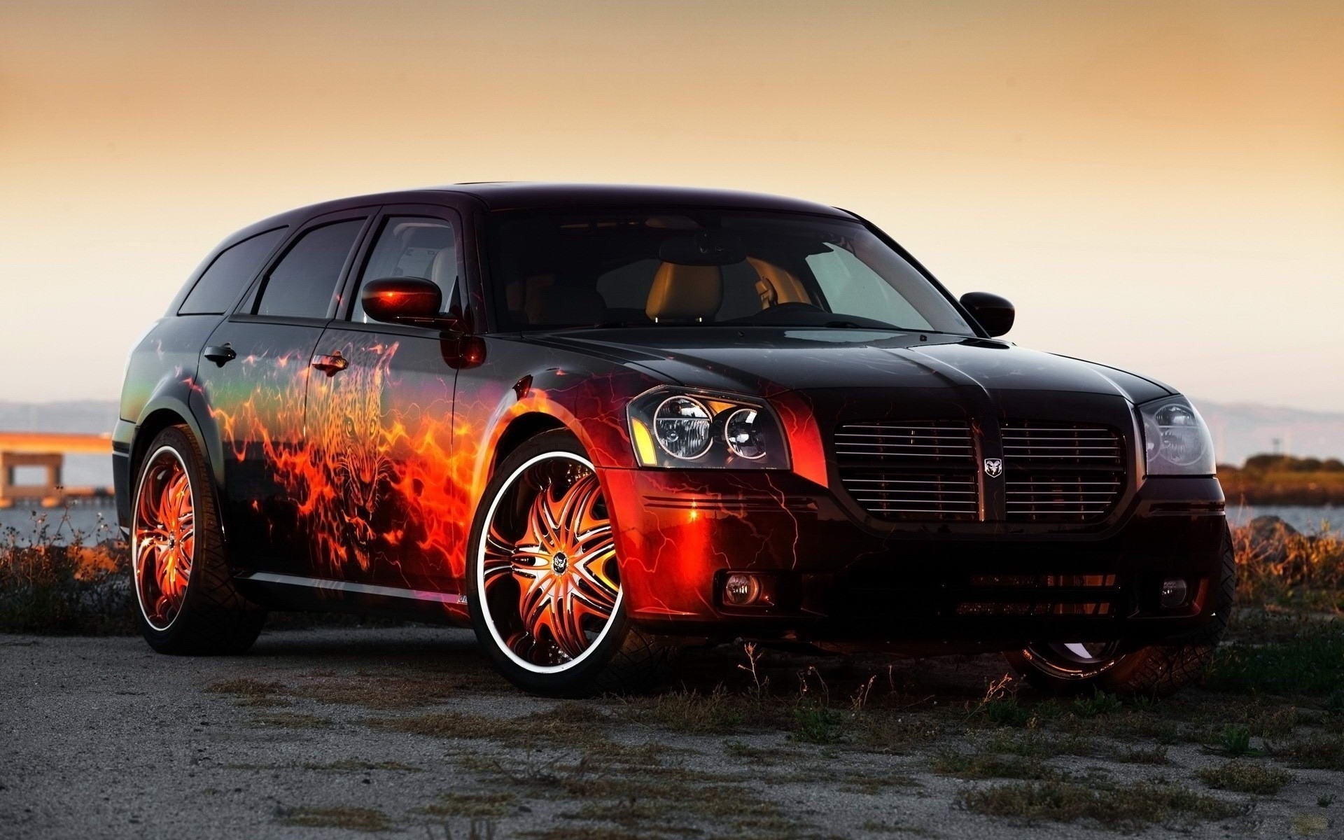 Dodge Magnum station wagon with flame graphics HD Wallpaper