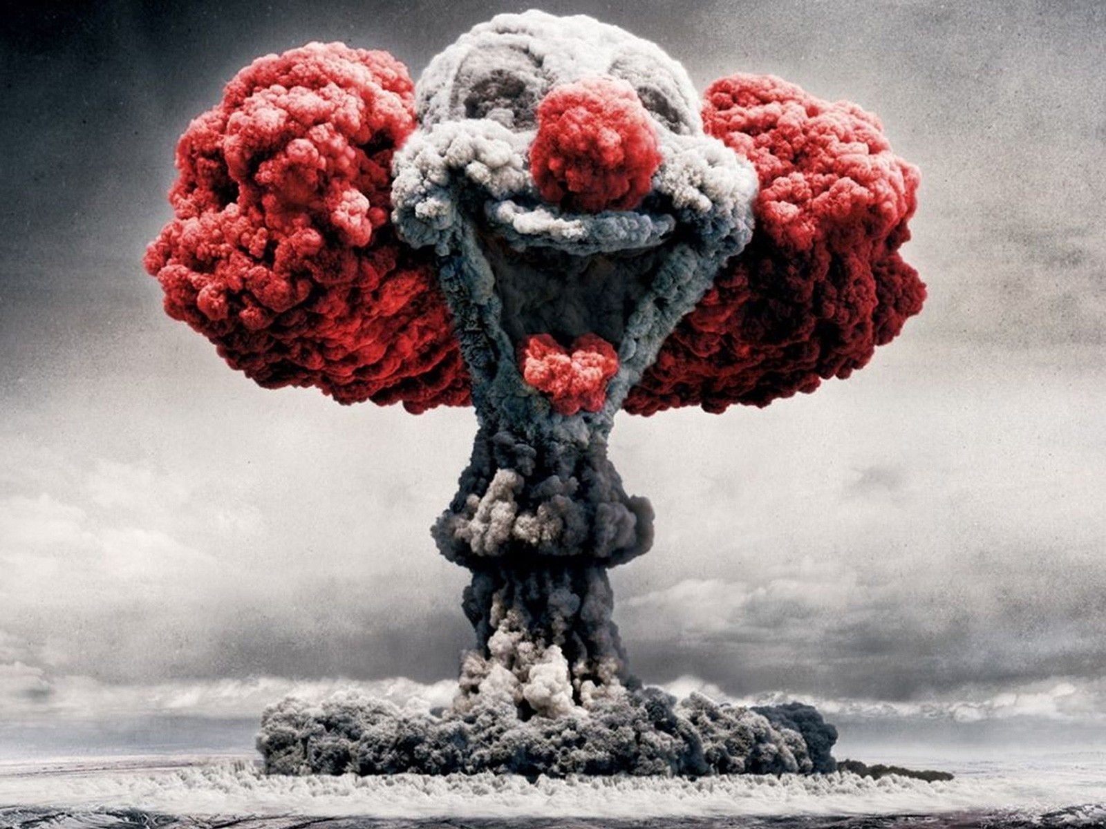 Clown mushroom cloud over snowy landscape HD Wallpaper