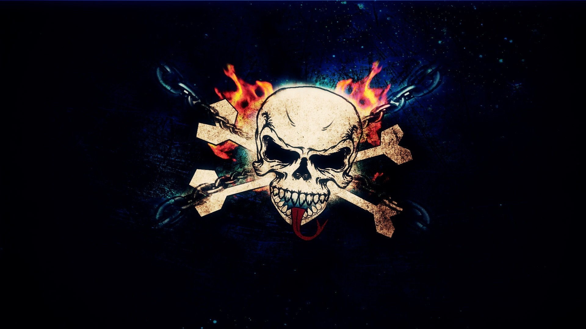 Skull and crossbones with chains and fire HD Wallpaper