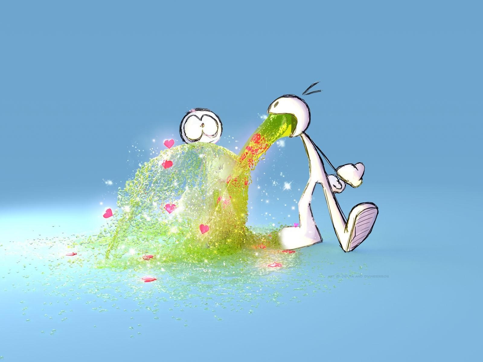 Cartoon character vomiting green liquid with hearts HD Wallpaper