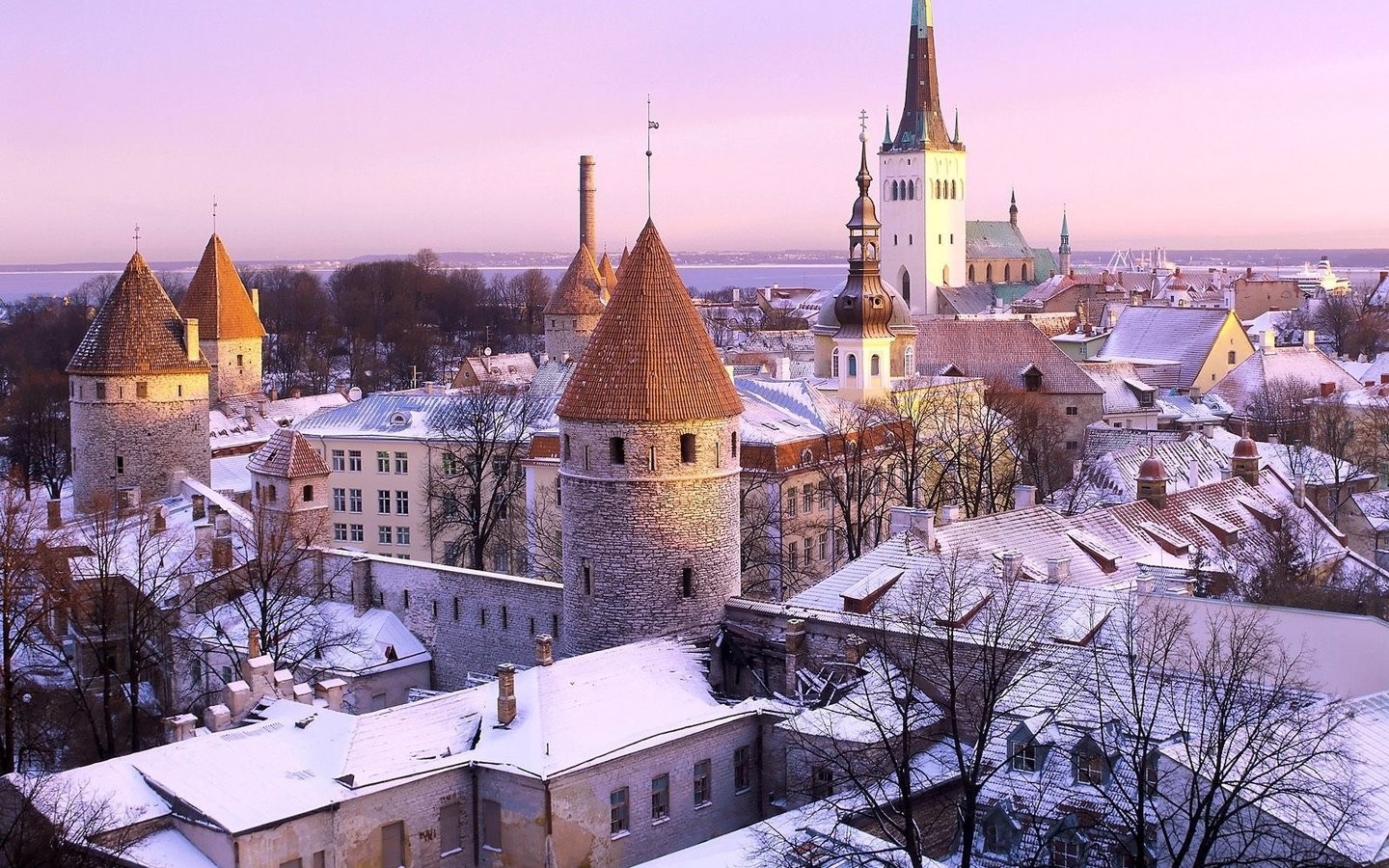 Tallinn cityscape with snow-covered roofs and towers at sunset HD Wallpaper