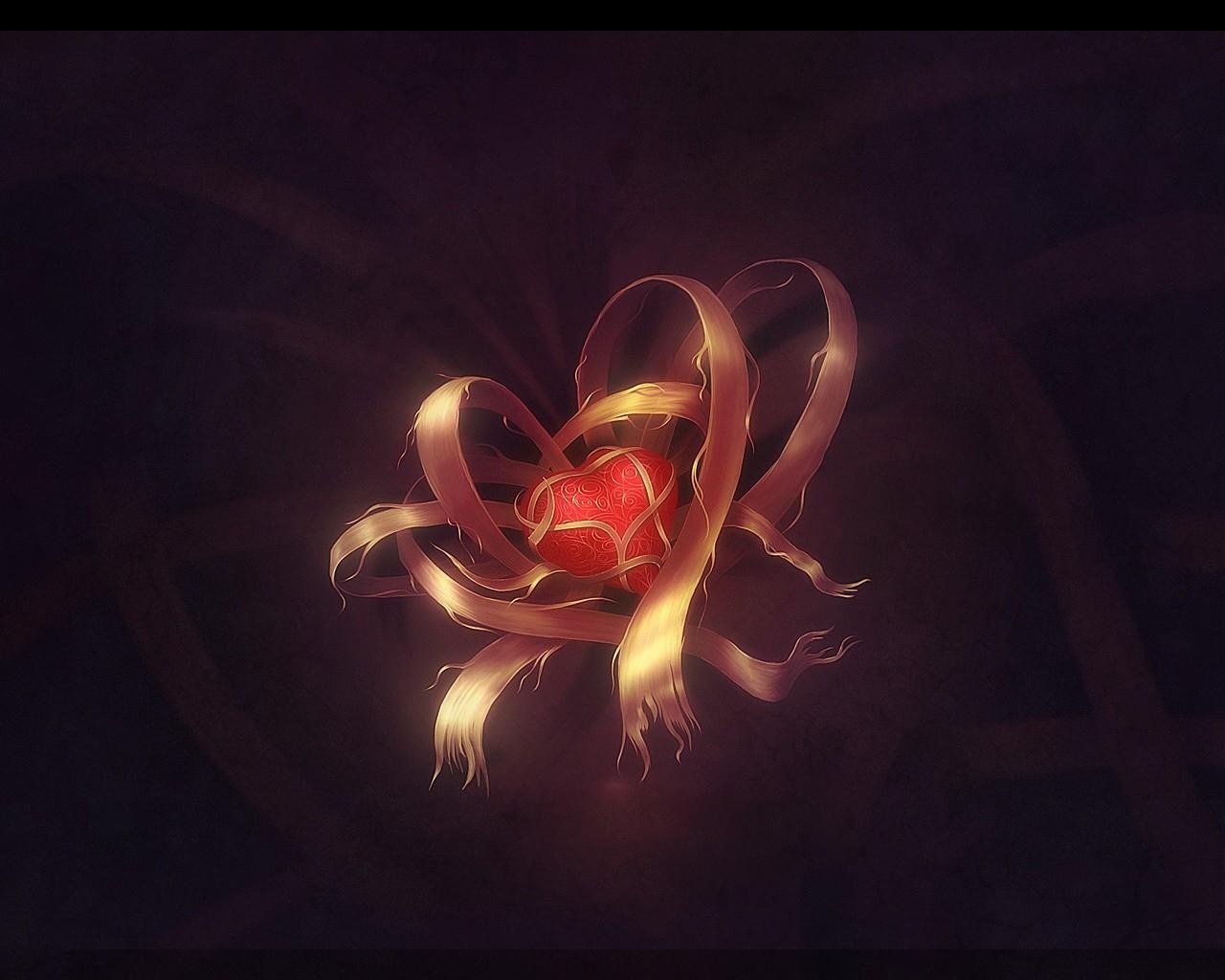 Red heart wrapped in golden ribbons HD Wallpaper