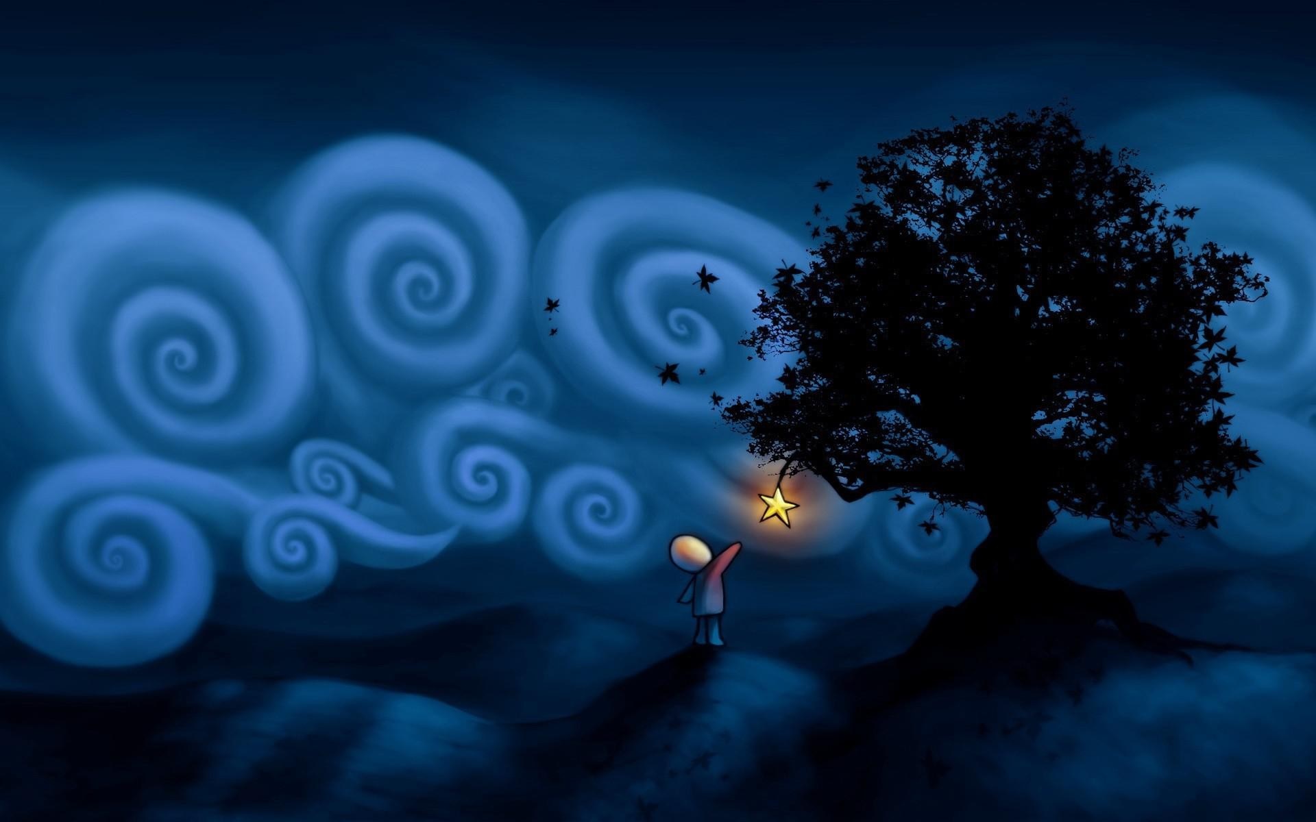 A person reaching for a glowing star on a tree at night HD Wallpaper
