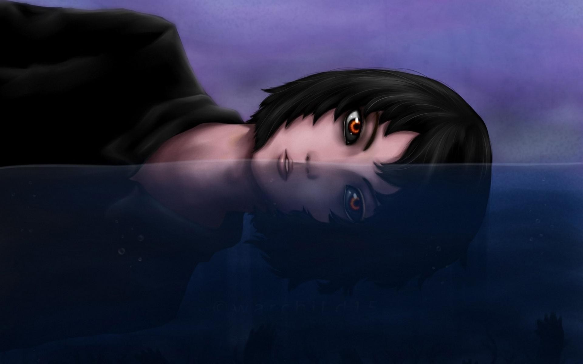 Anime girl with red eyes reflected in dark water HD Wallpaper