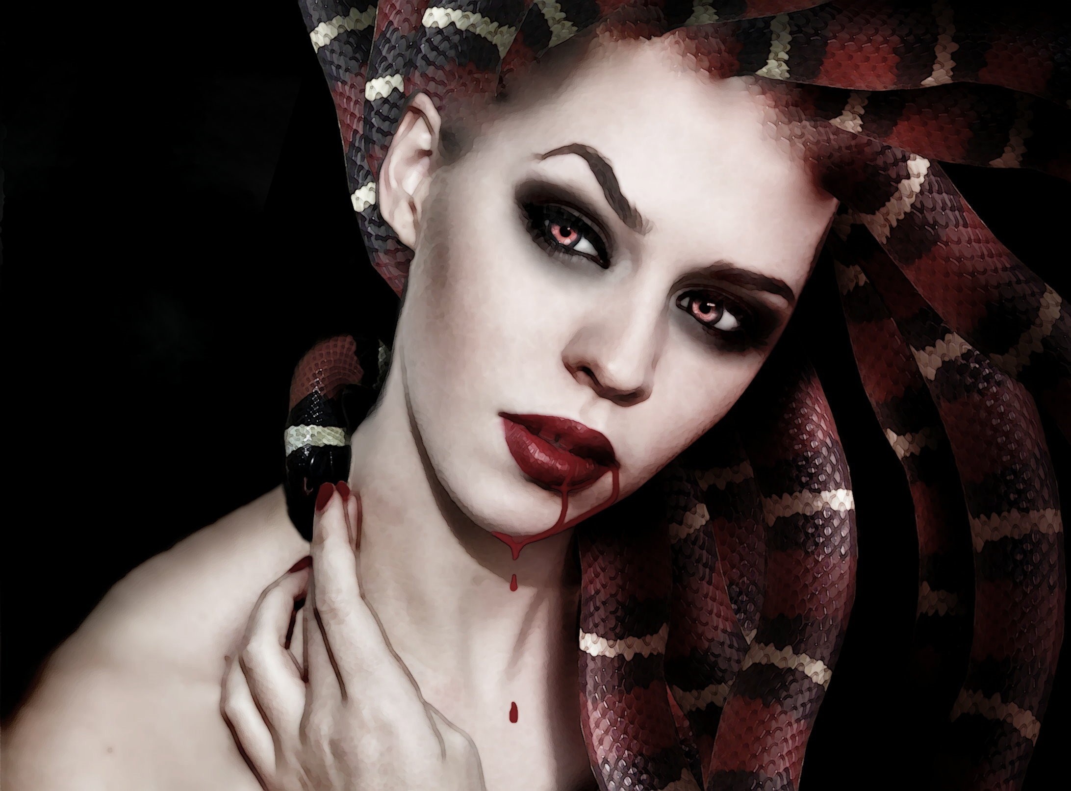Woman with snakes on head and blood dripping from lips HD Wallpaper