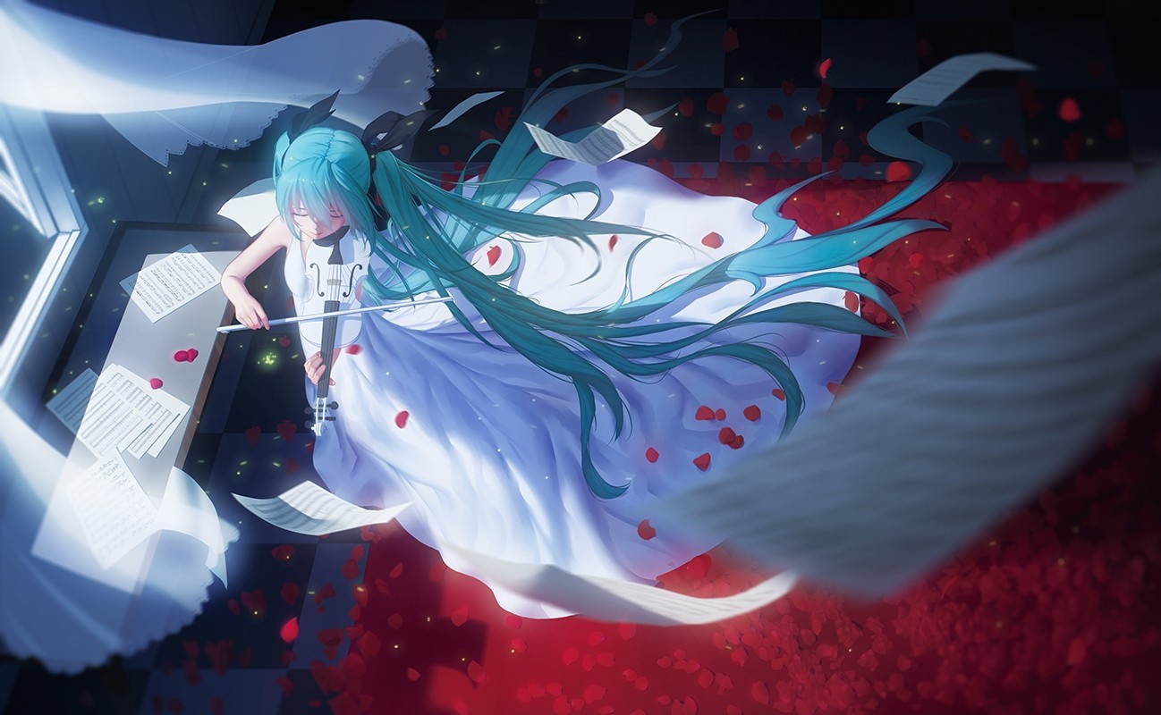 Hatsune Miku playing violin surrounded by rose petals HD Wallpaper