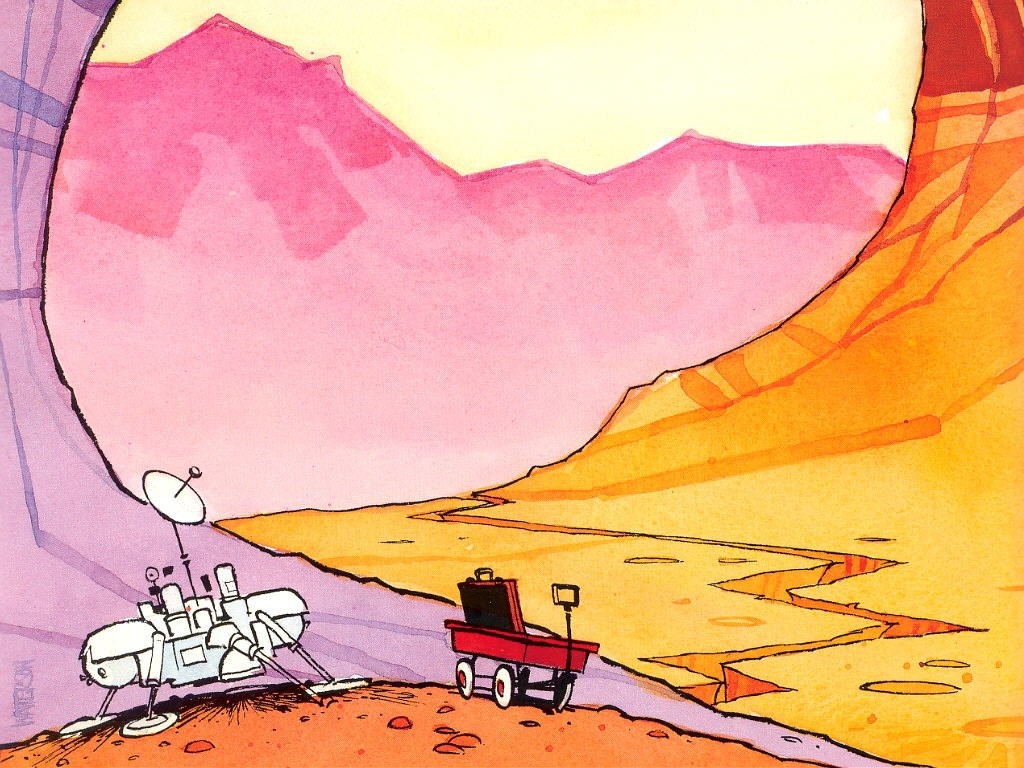 Calvin and Hobbes drawing of a Mars rover and cart HD Wallpaper