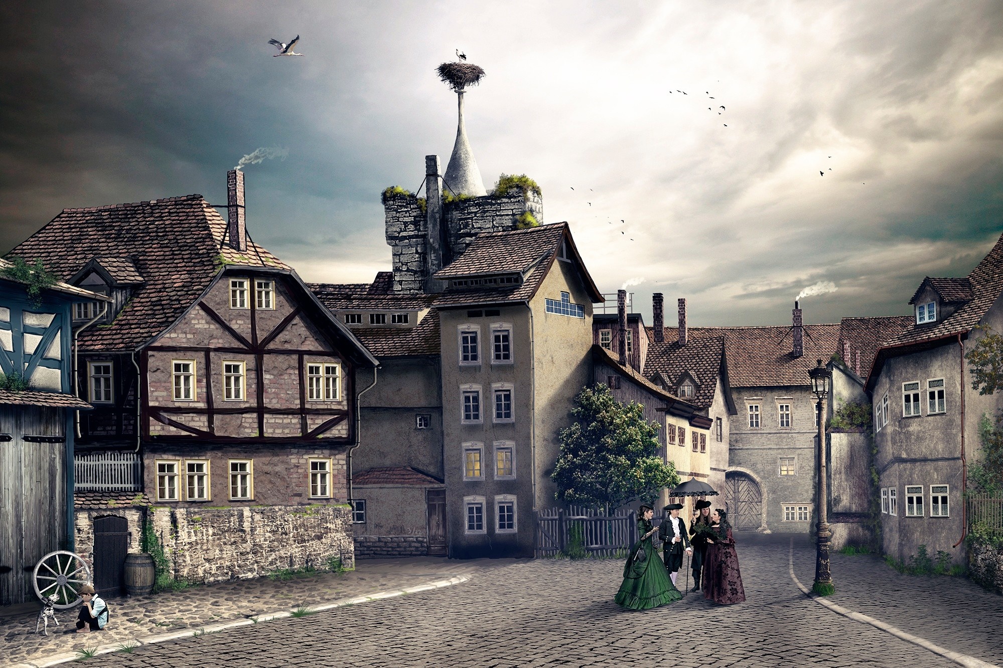 Vintage European town with people and stork nest HD Wallpaper
