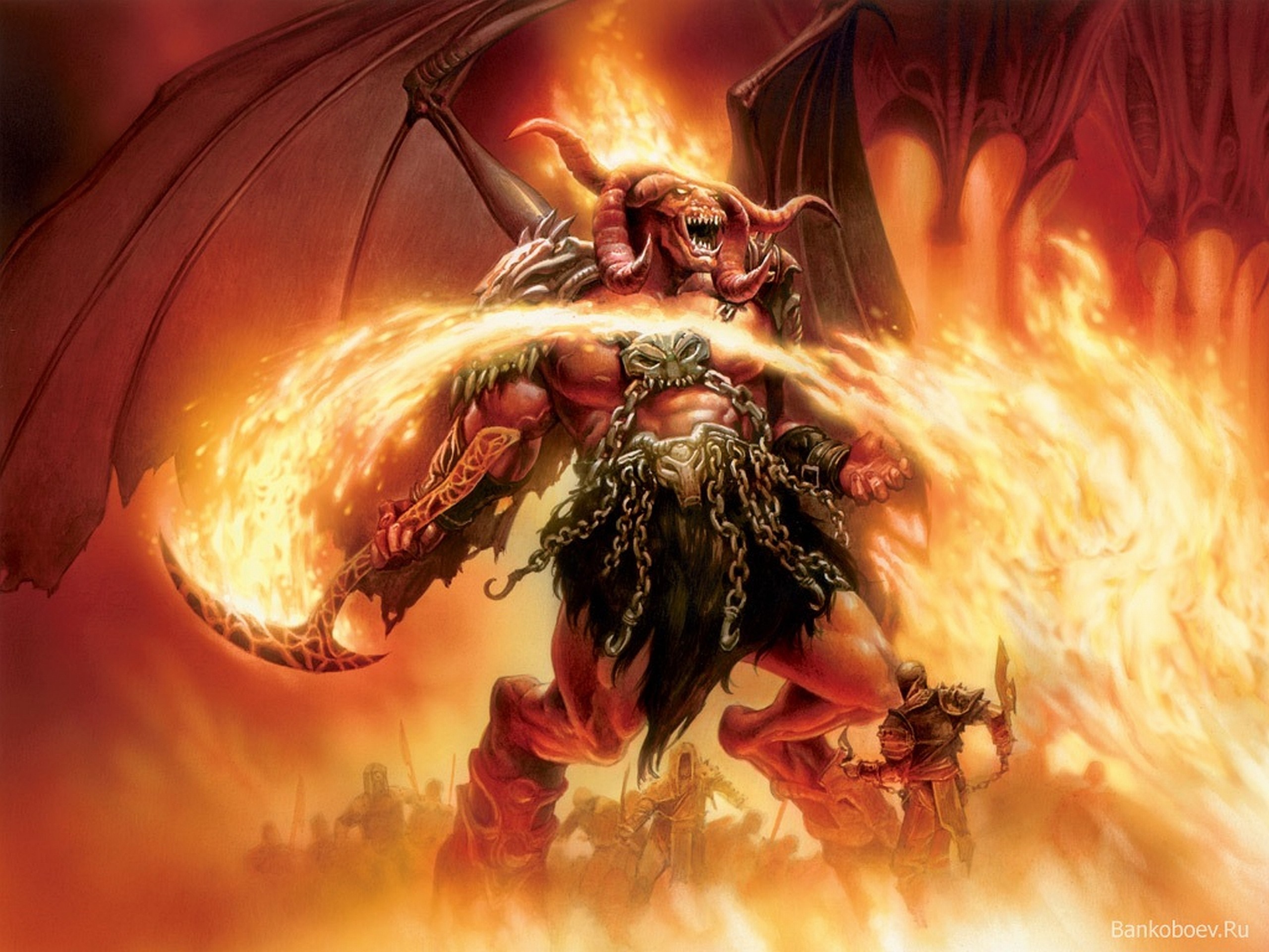 Demon breathing fire with army in background HD Wallpaper