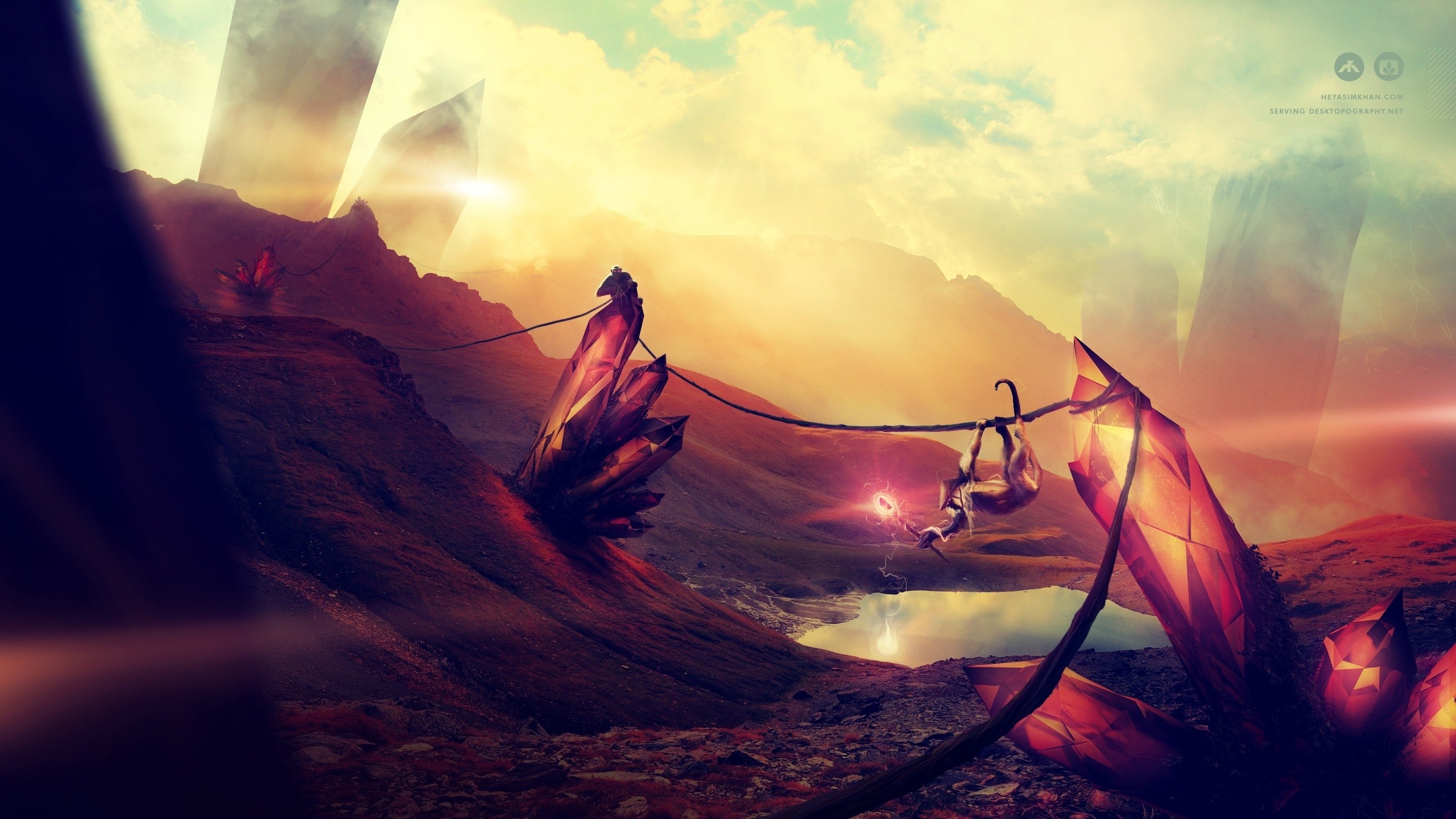 Fantasy landscape with crystals and a sloth HD Wallpaper