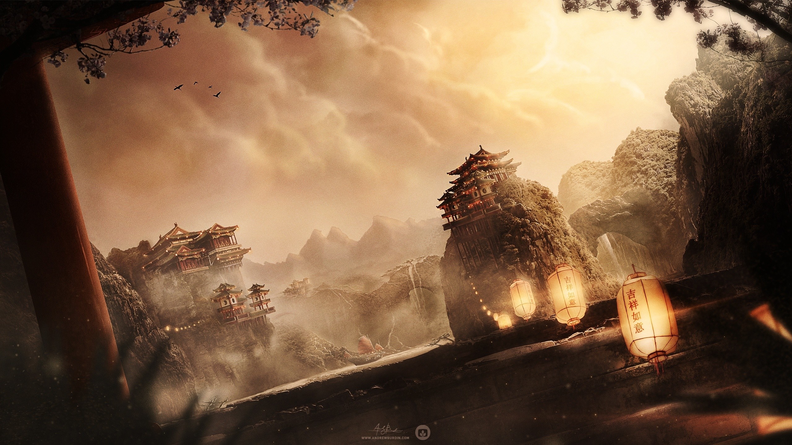 Fantasy landscape with pagodas and lanterns HD Wallpaper