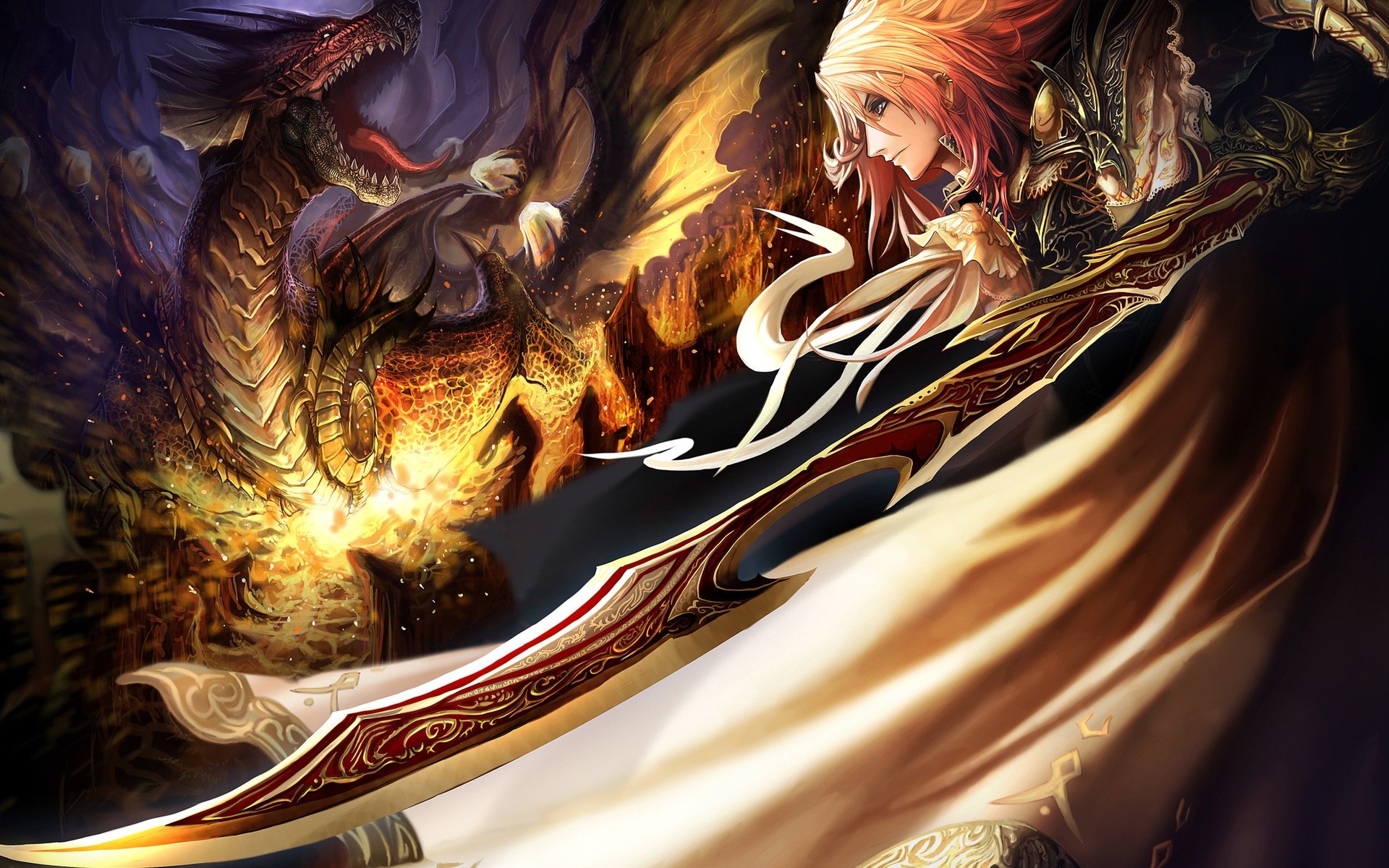 Anime warrior with sword fighting a dragon HD Wallpaper