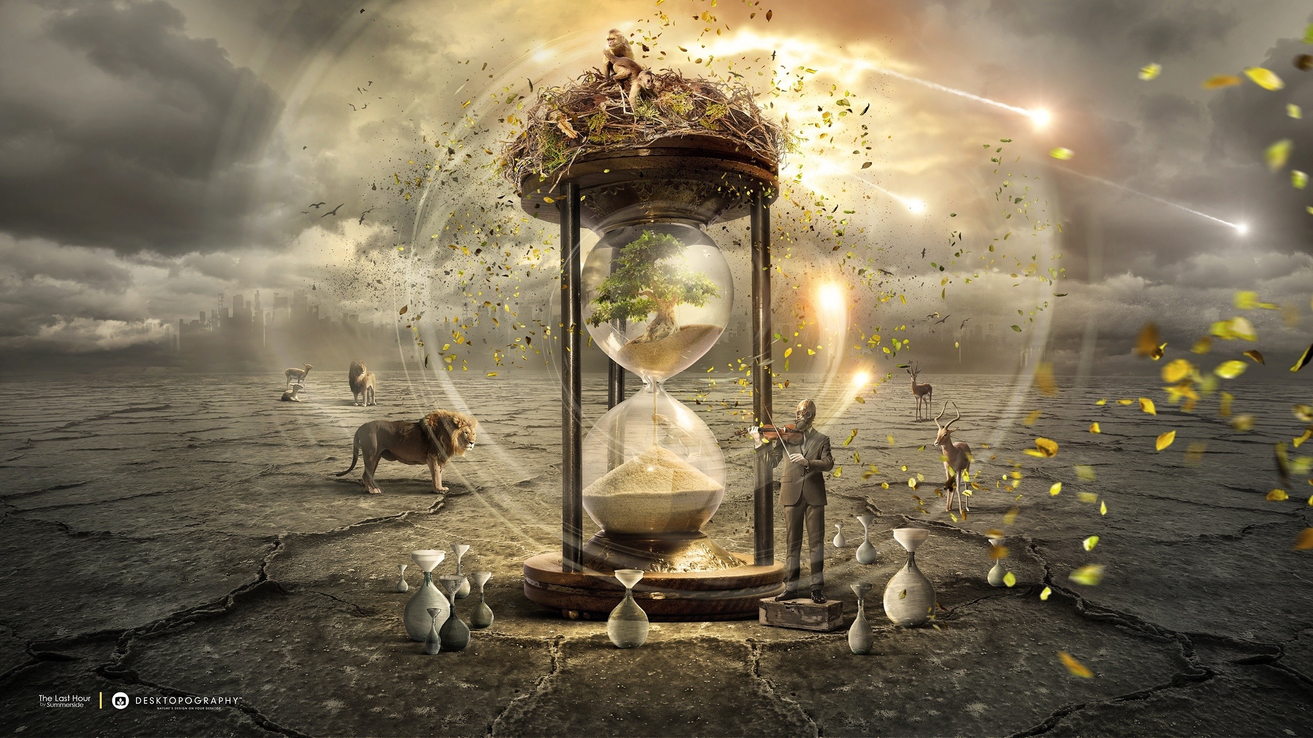 Hourglass with Tree, Lion, Violinist, and Deers in a Cracked Landscape HD Wallpaper