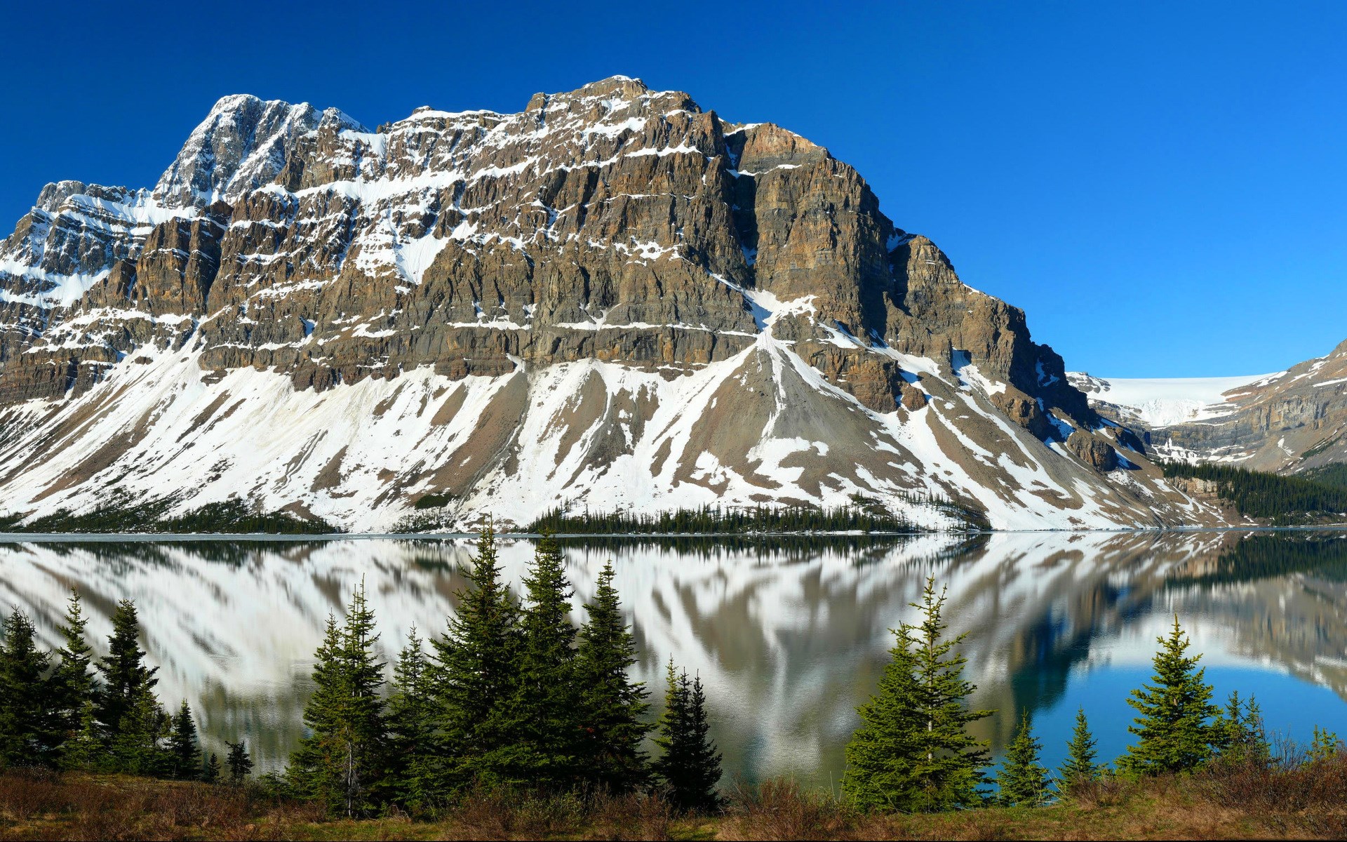 Snow-capped mountain reflected in a calm lake with pine trees HD Wallpaper