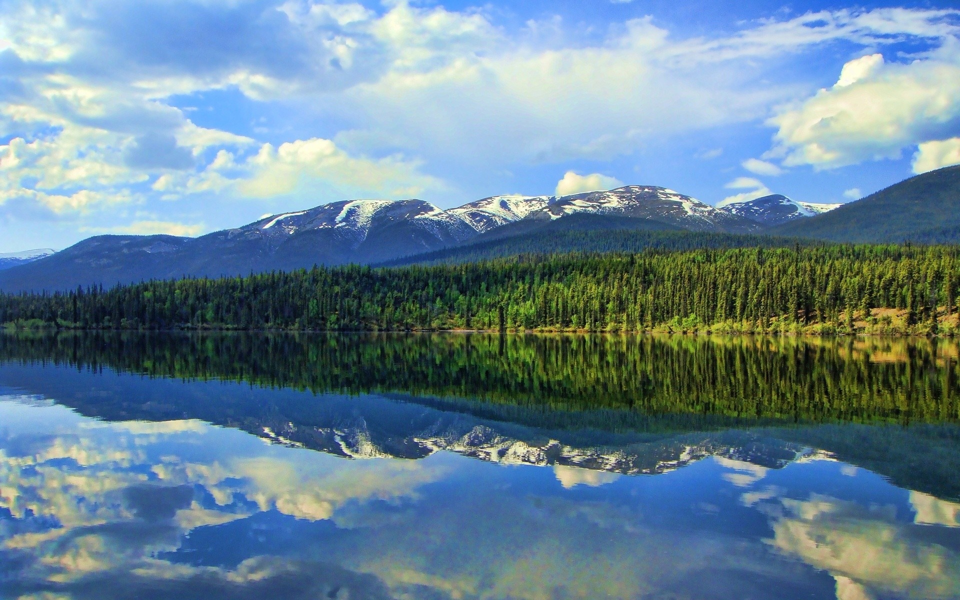 Snow-capped mountains reflected in a calm lake with pine forest HD Wallpaper