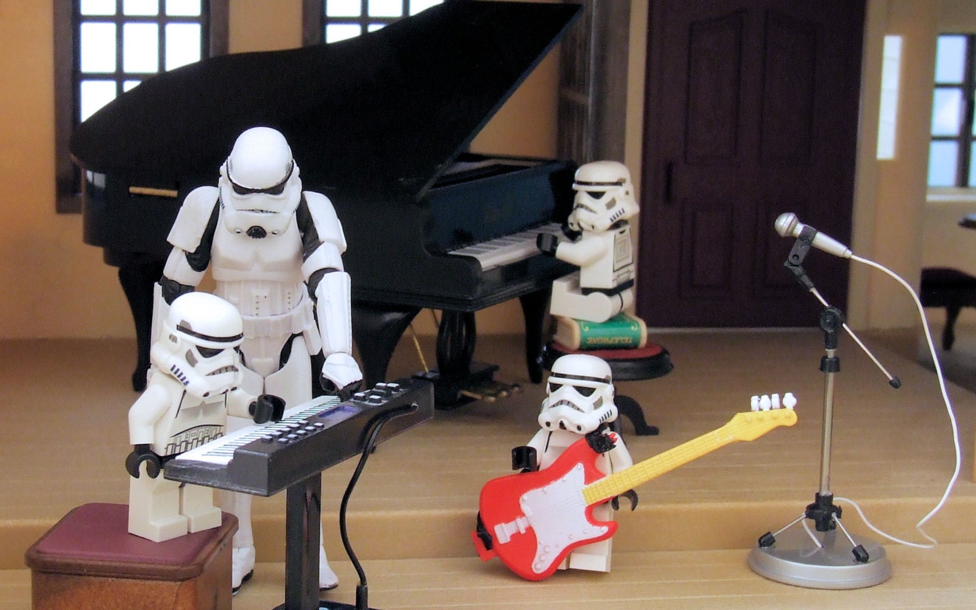 Stormtroopers playing musical instruments in a room HD Wallpaper