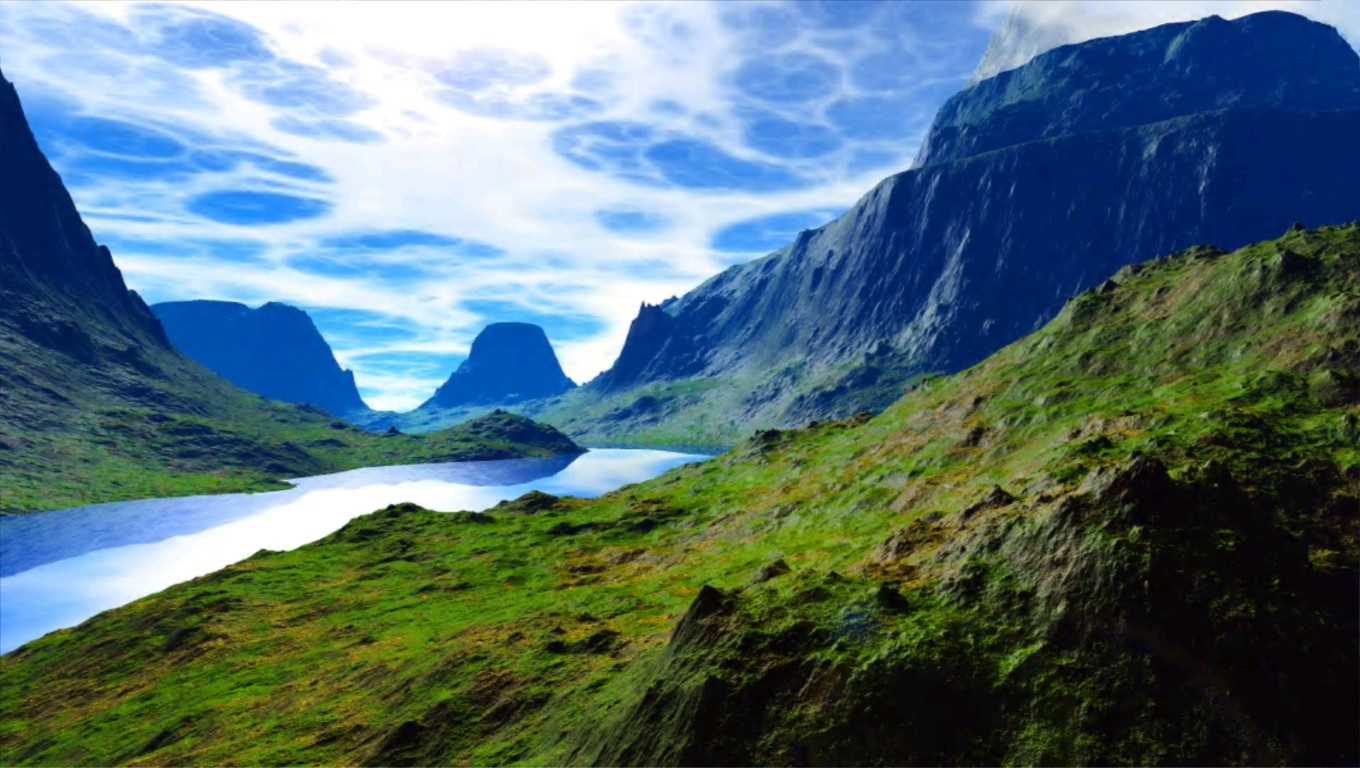 Fantasy landscape with mountains and a lake HD Wallpaper