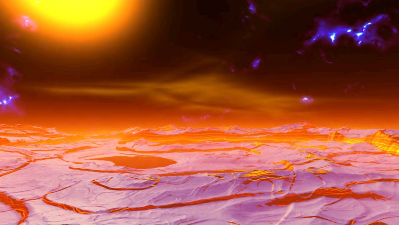 Alien planet landscape with glowing sun and purple clouds HD Wallpaper