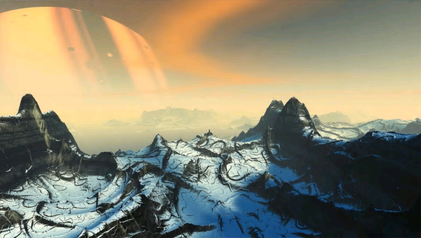 Alien planet landscape with rings and mountains HD Wallpaper