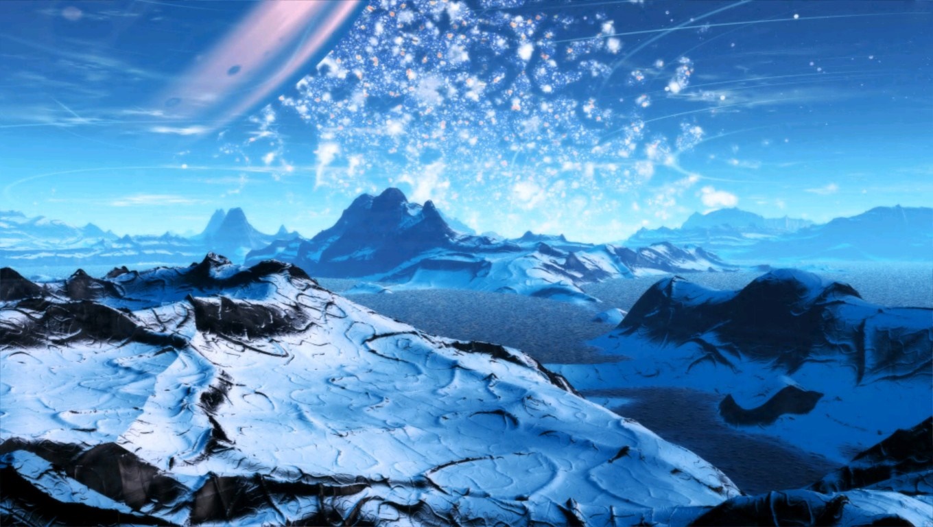 Fantasy planet with icy mountains and ringed celestial body HD Wallpaper