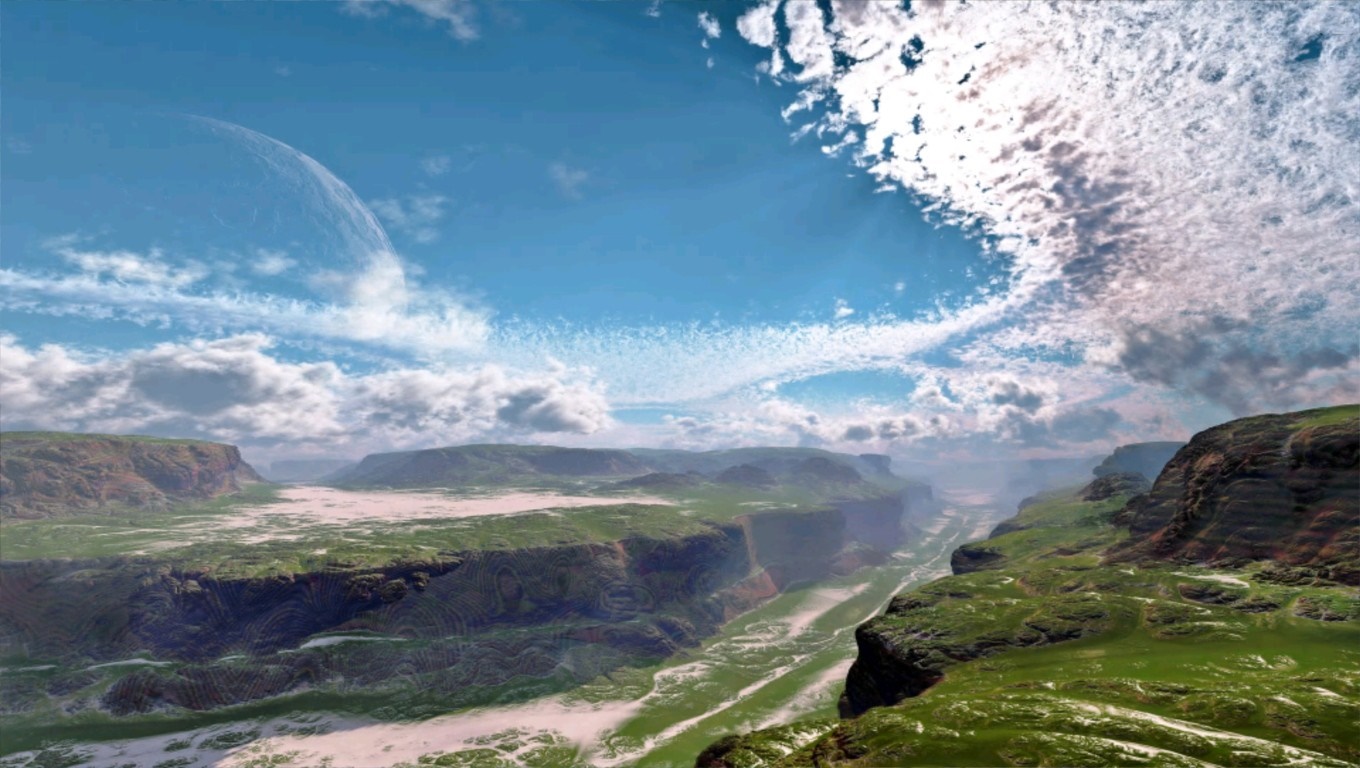 Fantasy landscape with a large planet in the sky HD Wallpaper