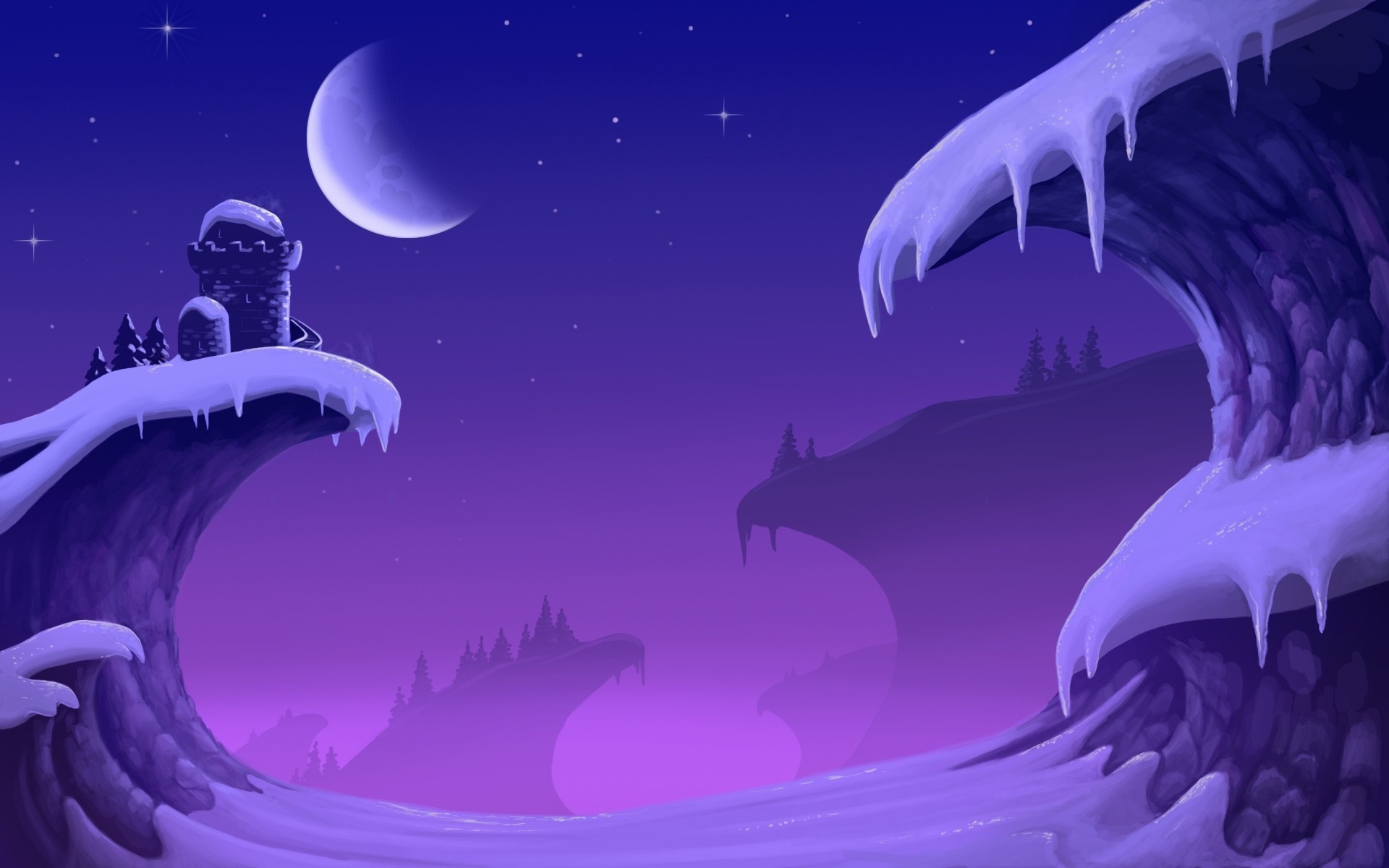 Fantasy winter landscape with moon and castle HD Wallpaper