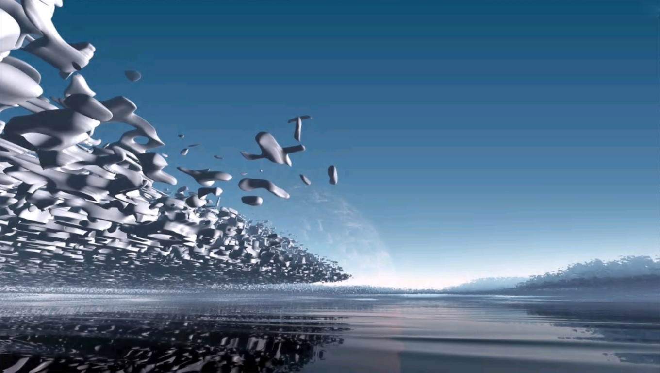 Abstract icy formations on a calm sea under a blue sky HD Wallpaper