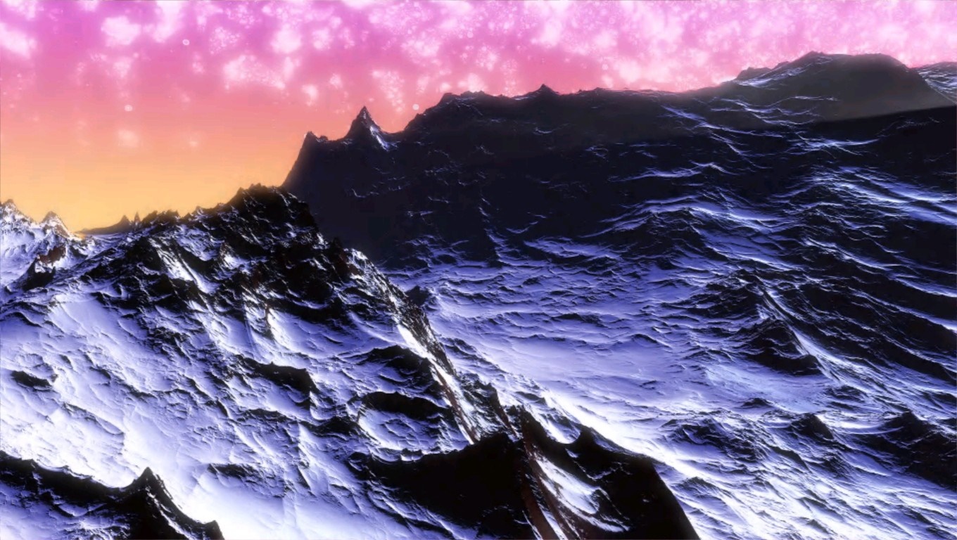 Fantasy mountain range with pink and orange sky HD Wallpaper