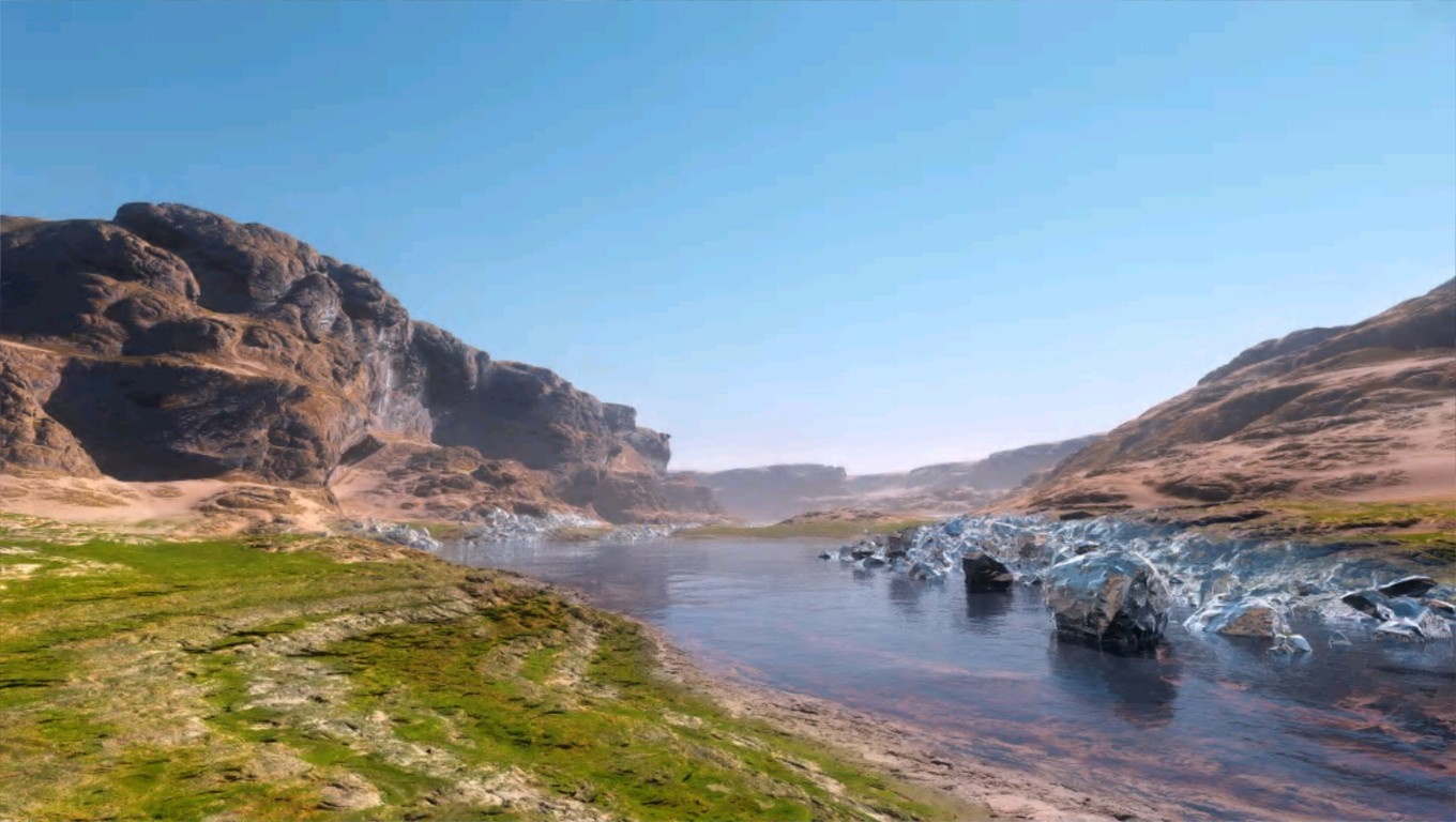 A rocky valley with a river and grassy banks HD Wallpaper