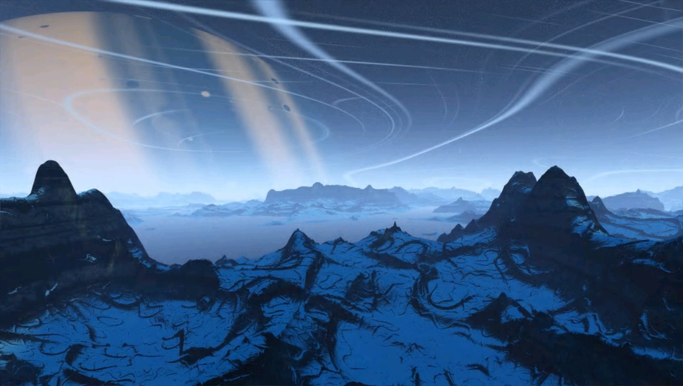 Alien planet landscape with rings in the sky HD Wallpaper