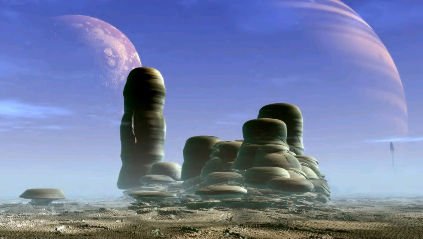 Alien planet landscape with rock formations and moons HD Wallpaper