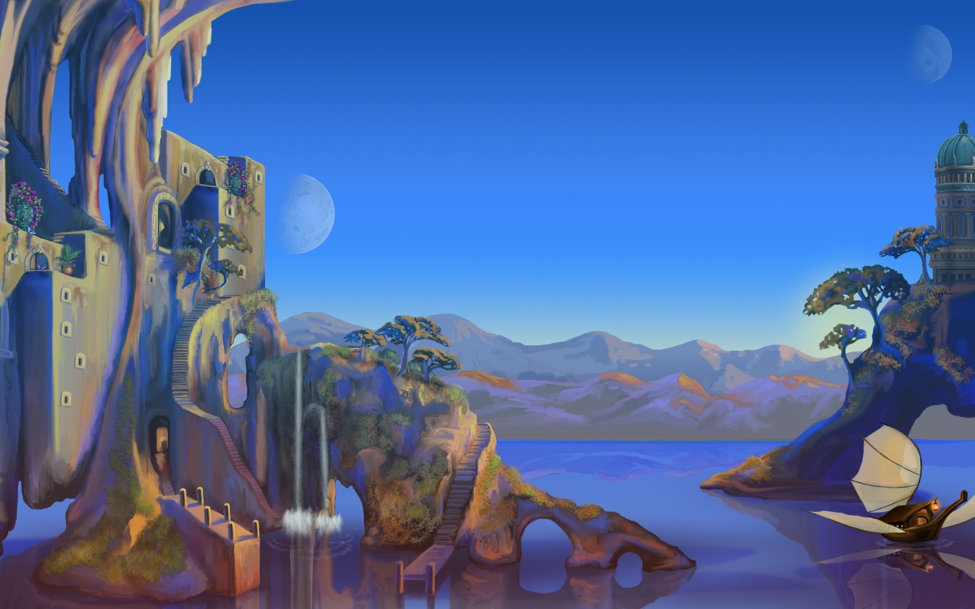 Fantasy landscape with ancient architecture and a boat HD Wallpaper