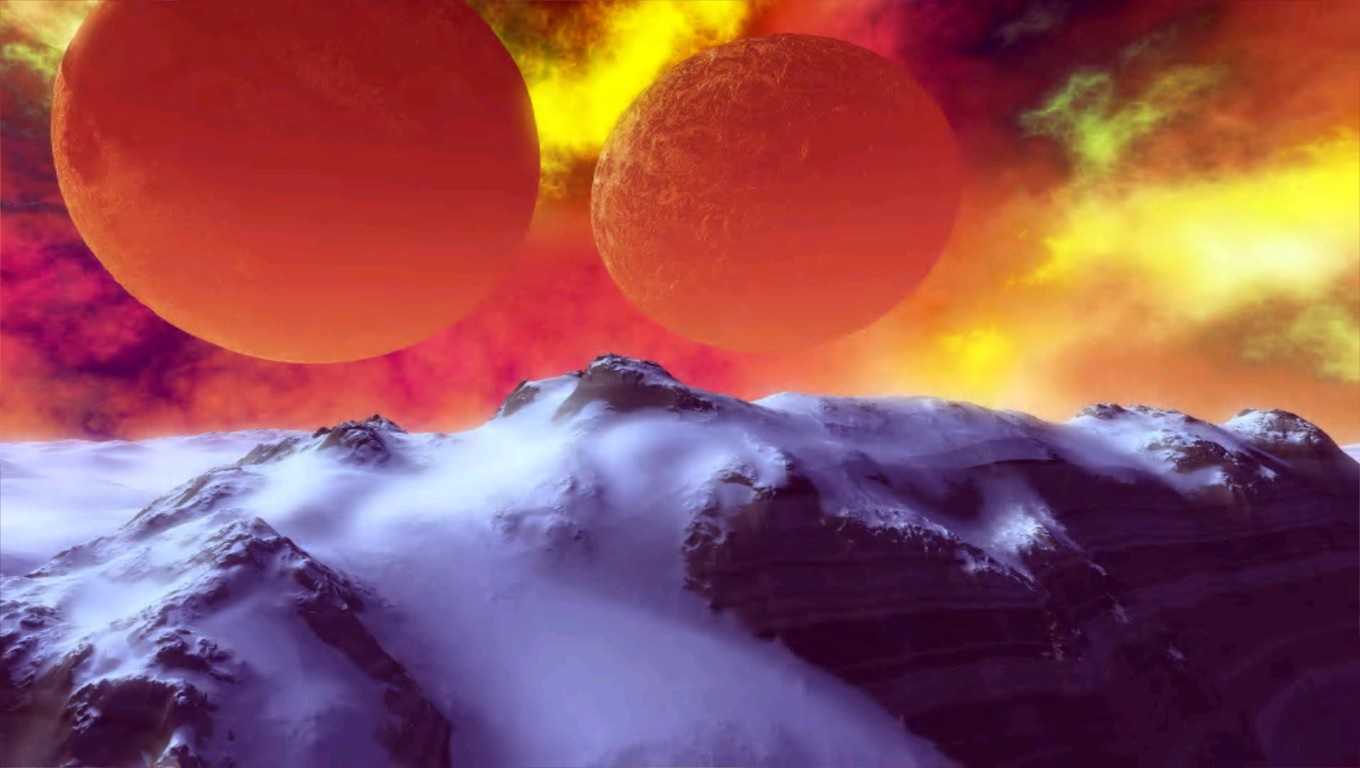 Two orange planets in a colorful sky over snowy mountains HD Wallpaper