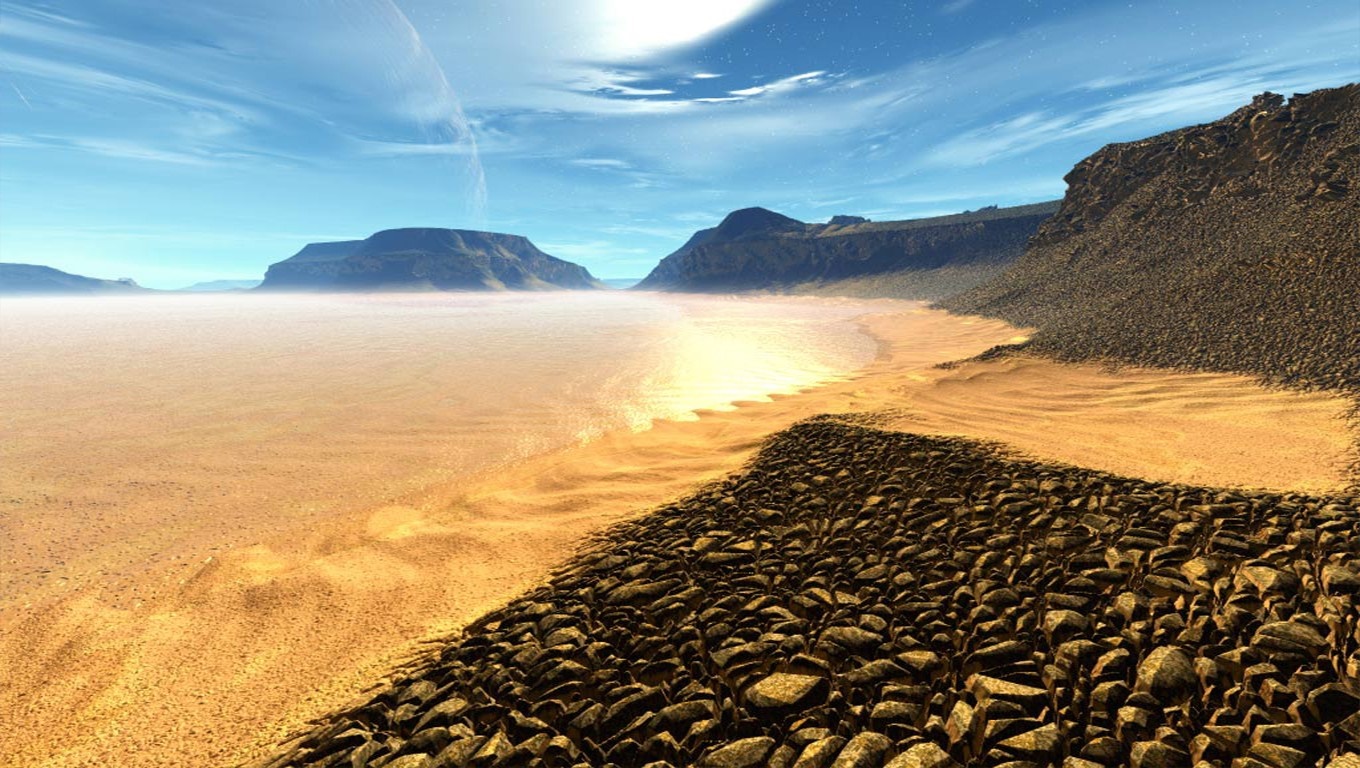 Desert landscape with mountains and a shimmering plain HD Wallpaper