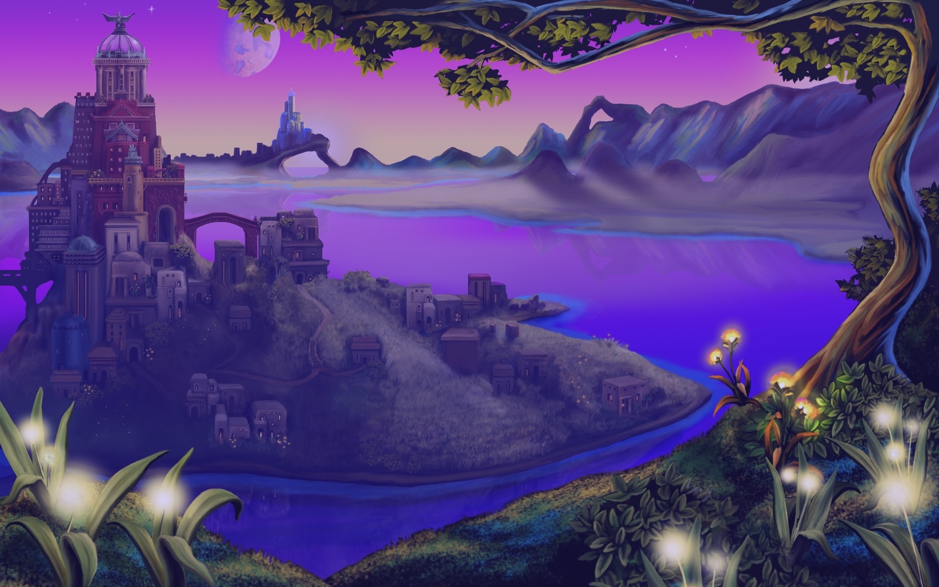 Fantasy landscape with castle and glowing plants HD Wallpaper