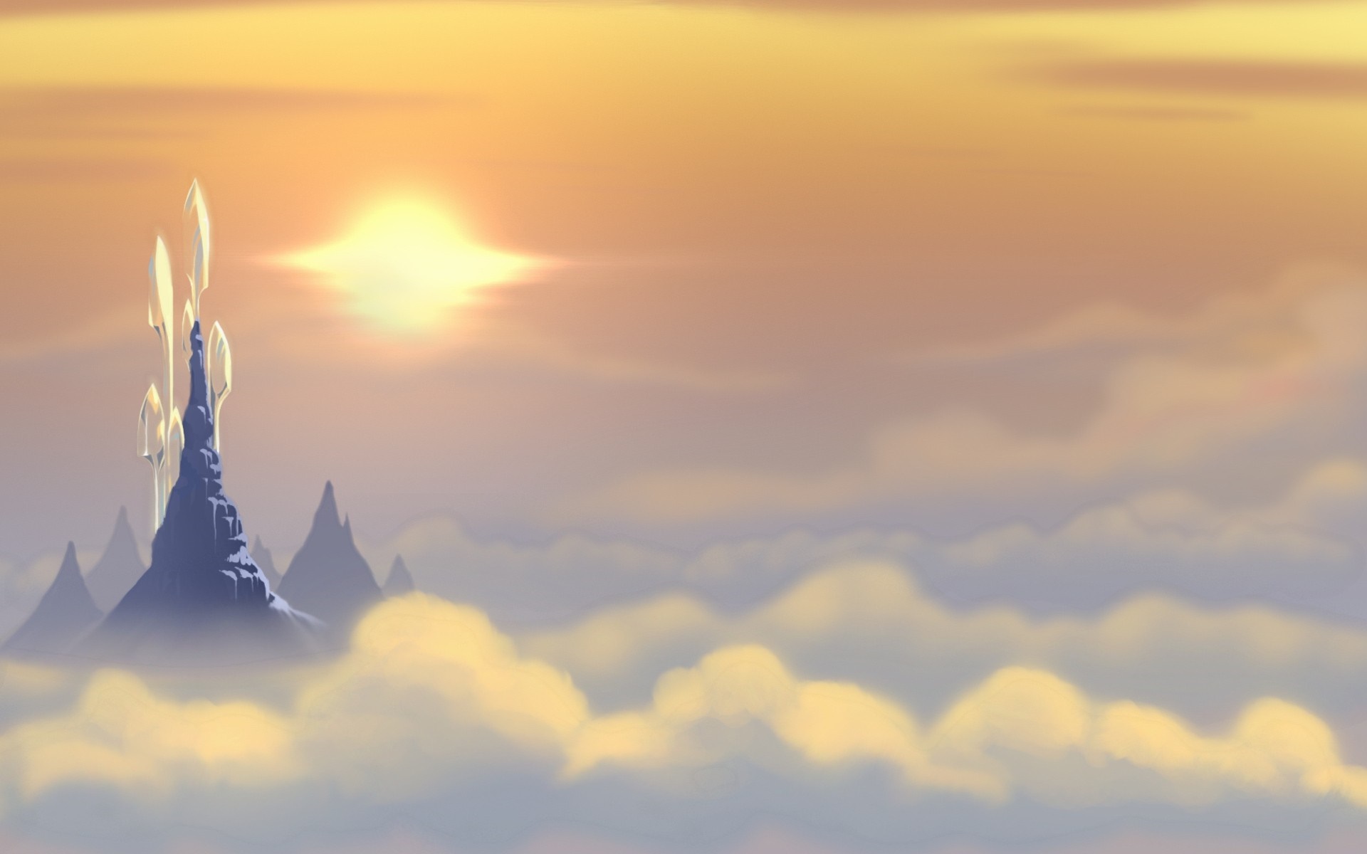 Fantasy mountain peak with crystals at sunset HD Wallpaper