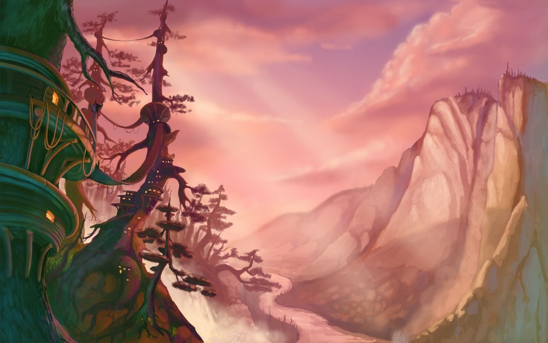 Fantasy landscape with tree dwellings and mountains at sunset HD Wallpaper