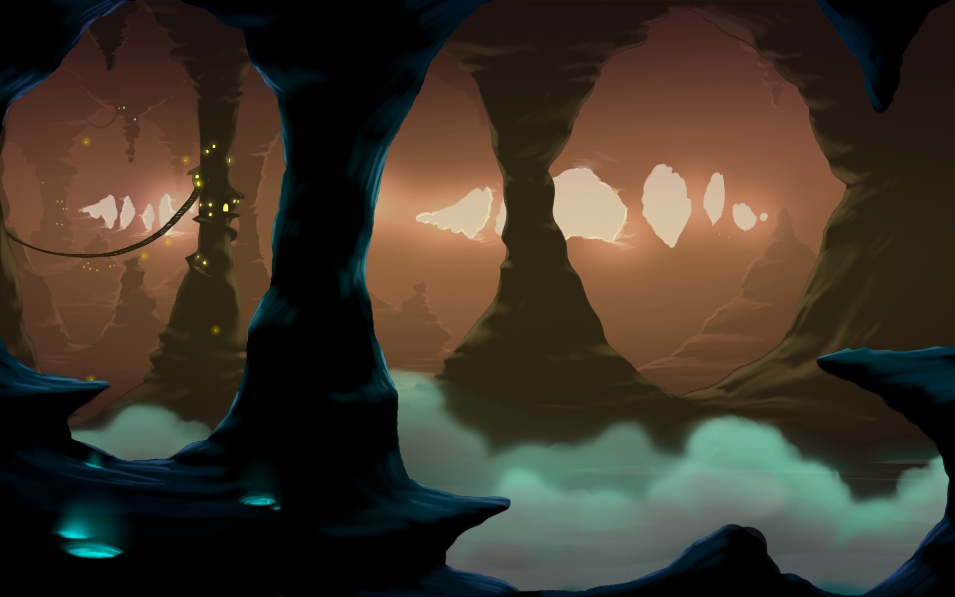 Fantasy cave with glowing lights and mist HD Wallpaper