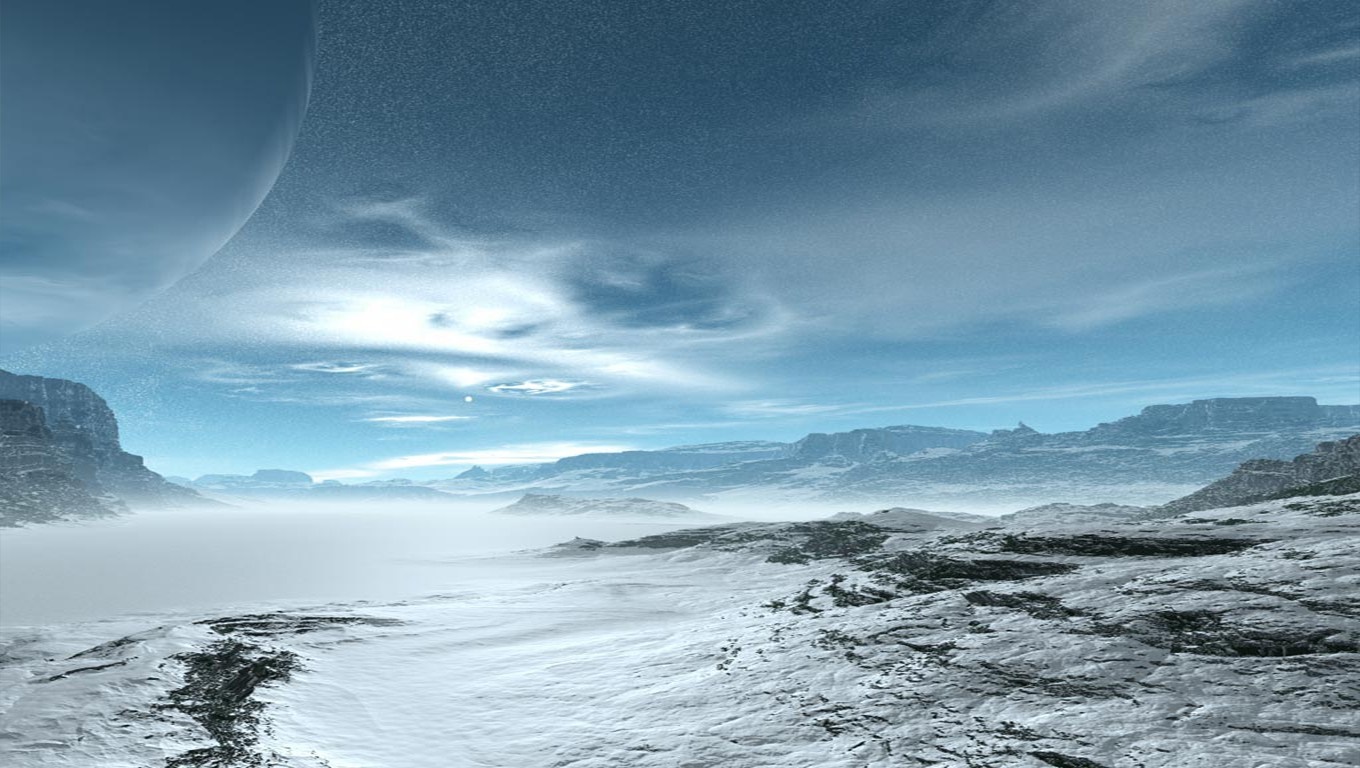 Alien planet landscape with large planet in sky HD Wallpaper