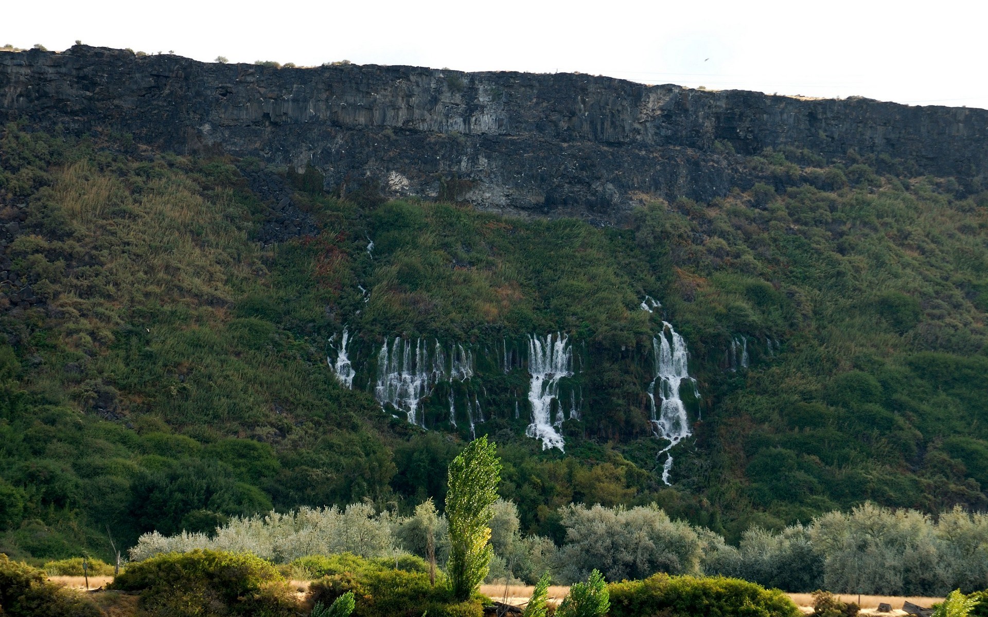 Waterfalls cascading down a rocky, vegetated cliff face HD Wallpaper