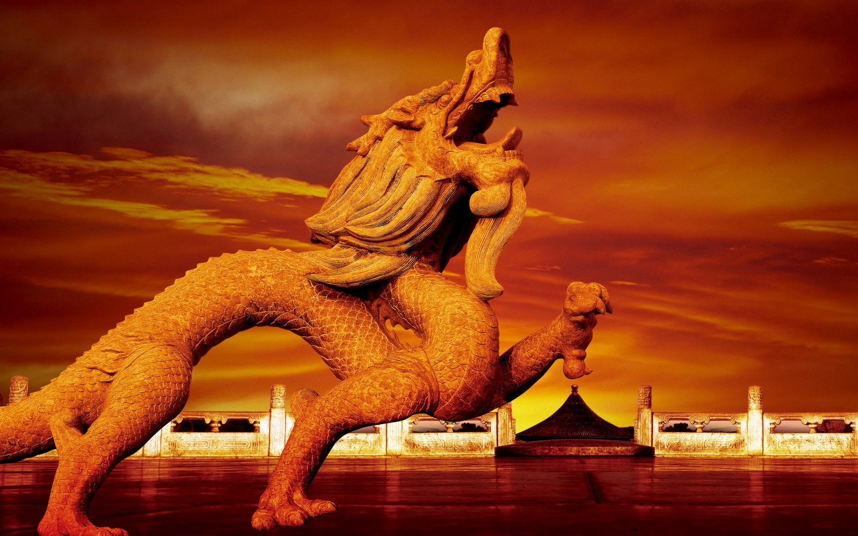 Golden Chinese Dragon Statue at Sunset HD Wallpaper